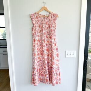 Vineyard Vines Marigold Smocked Cap Sleeve Floral Midi Dress Pink M